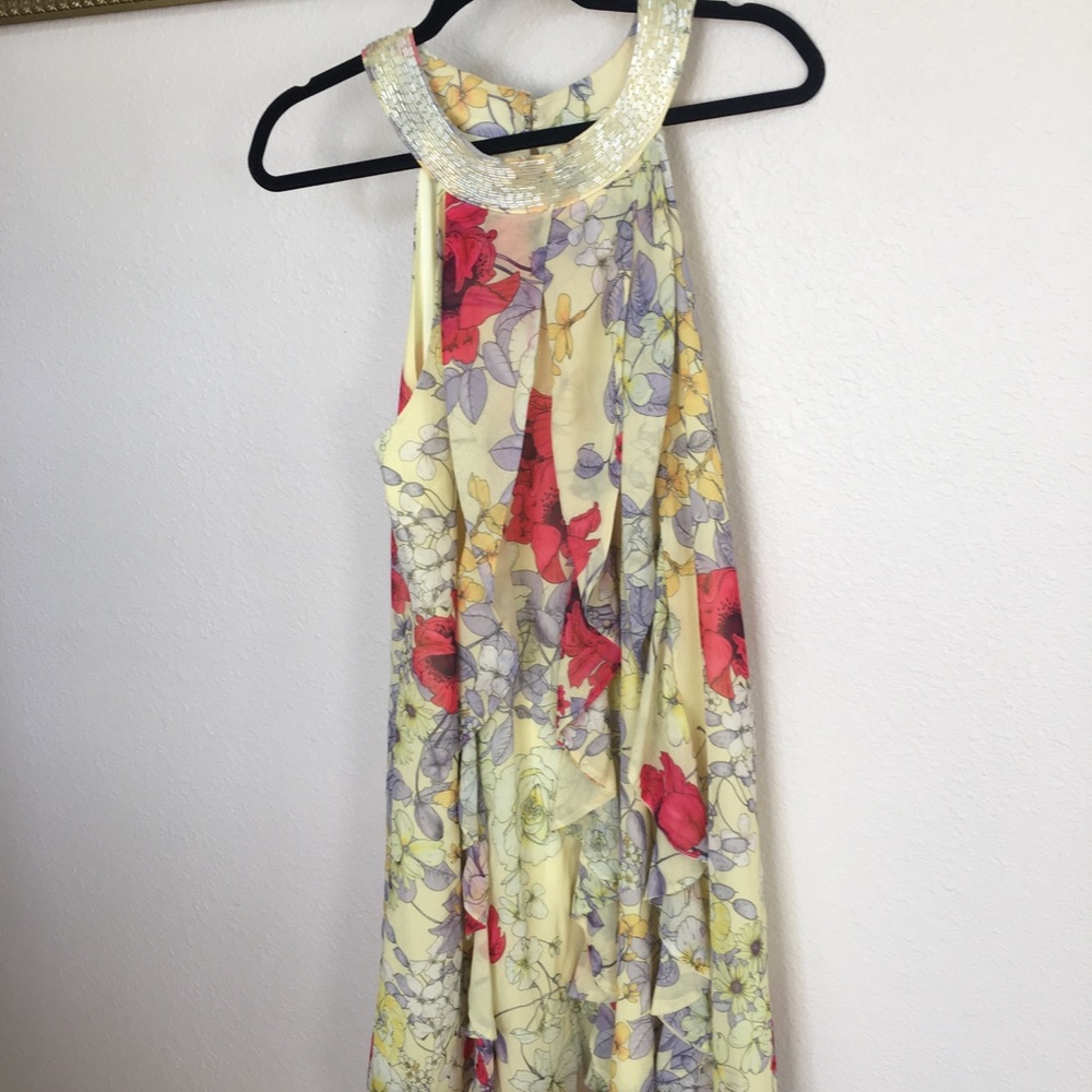 Yellow floral print knee length dress